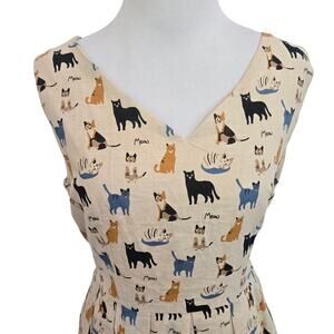 Retro Twee Cat Print Dress Linen Blend SM Wardrobe Pleated Novelty Women Medium